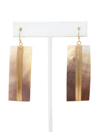 A pair of geometric statement earrings featuring natural mother of pearl shell with an iridescent finish, set in a sleek, modern design.