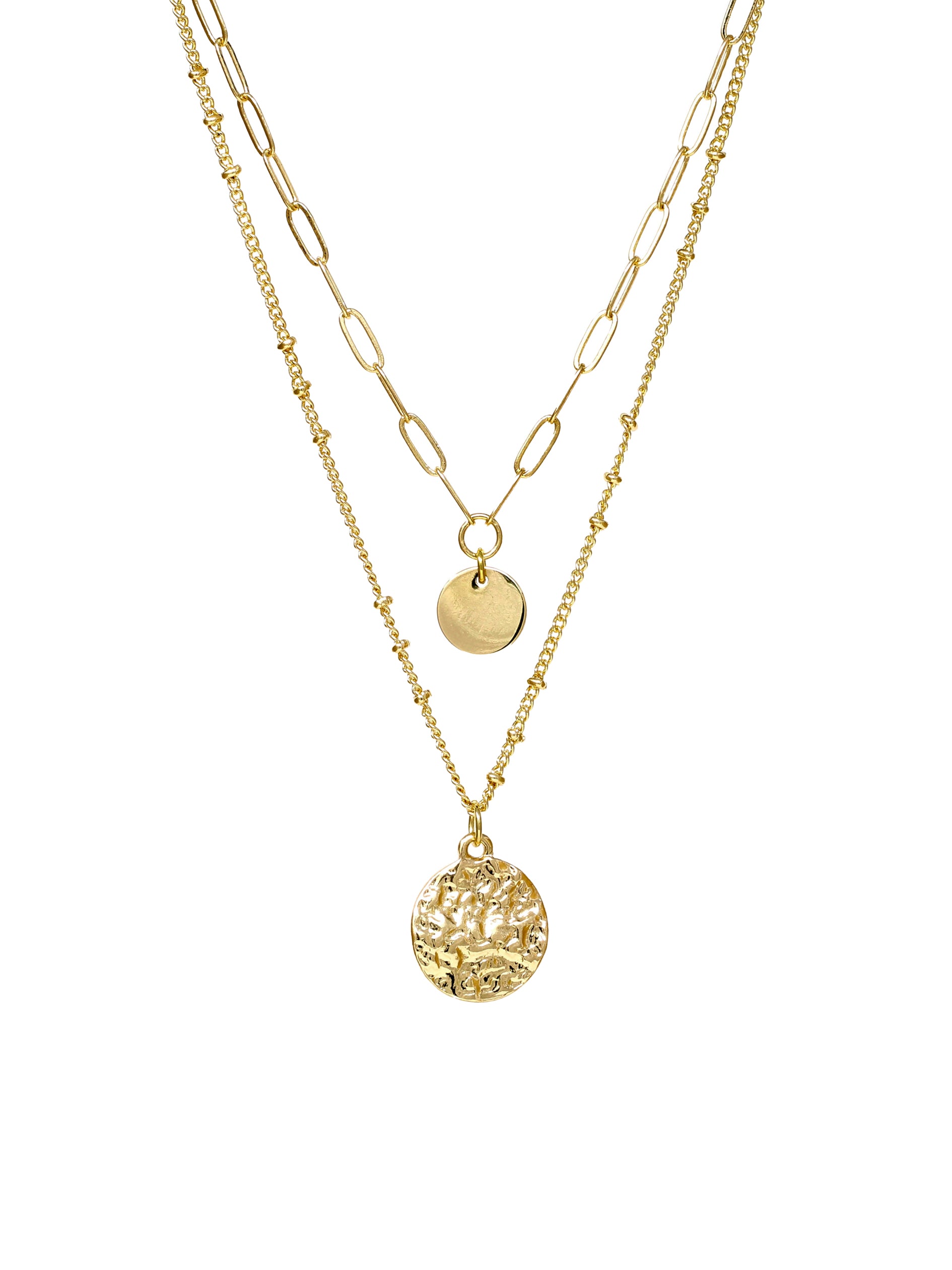 A two-layered paperclip chain necklace in gold dangled with two small charms.