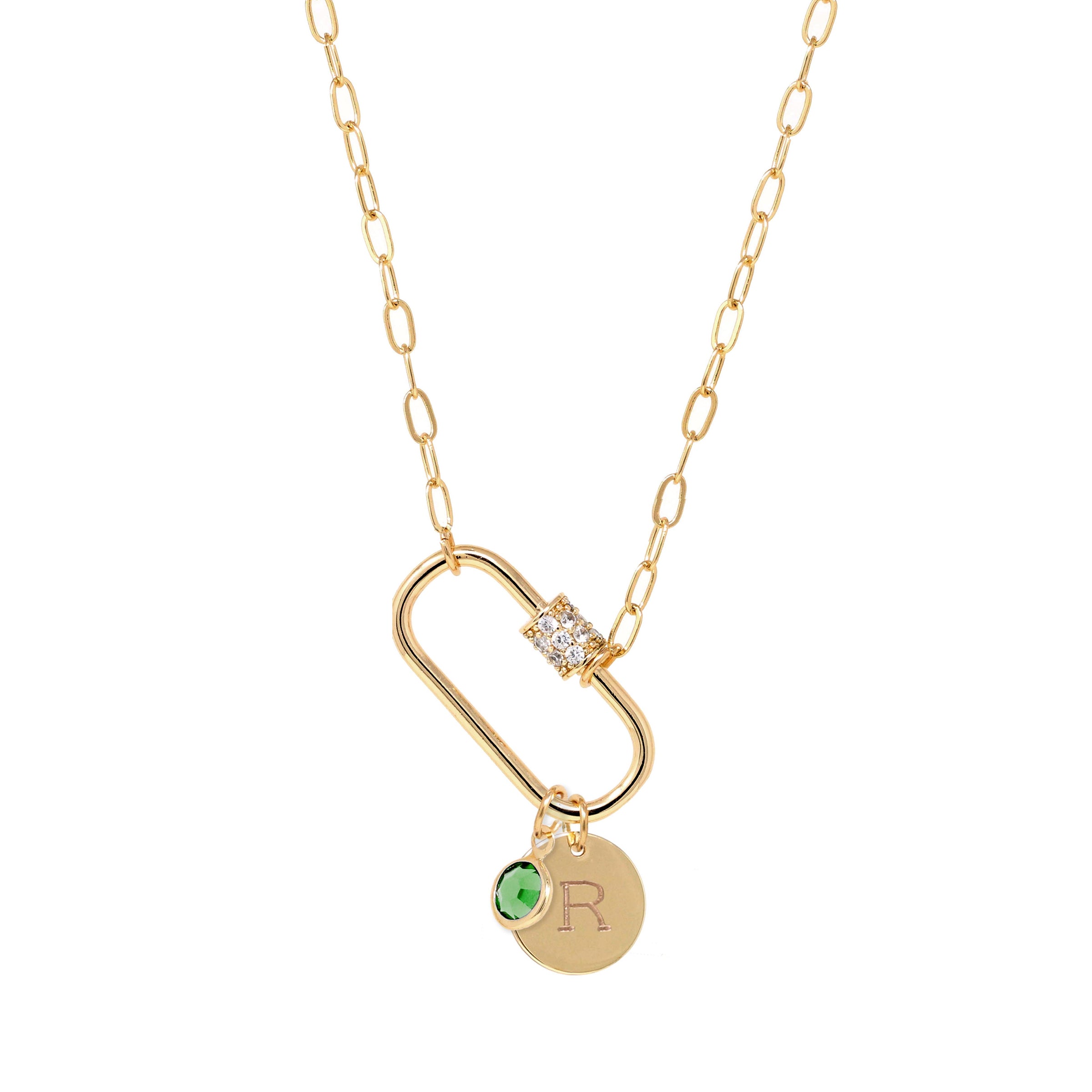 Personalized Initial & Birthstone Pave Carabiner Necklace