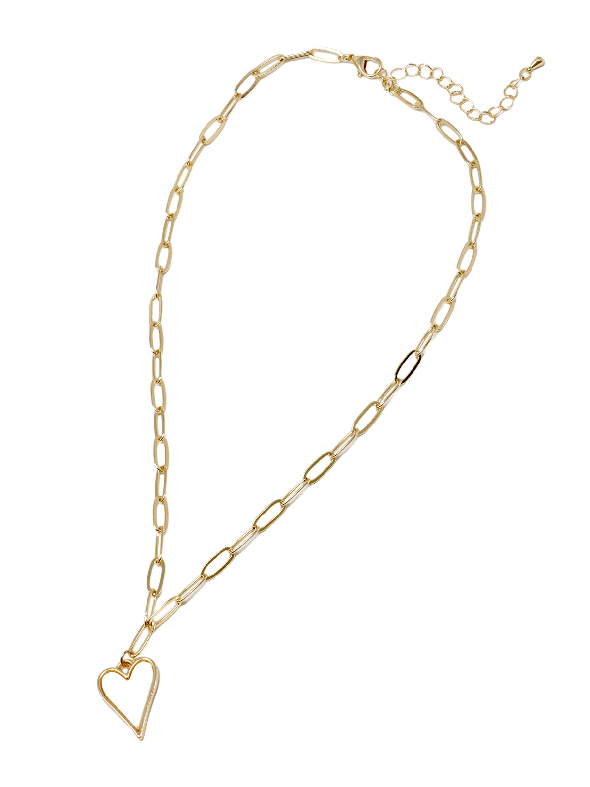 A heart-shaped charm gold necklace featuring Mother of Pearl shell encrustation, suspended on a paperclip chain.