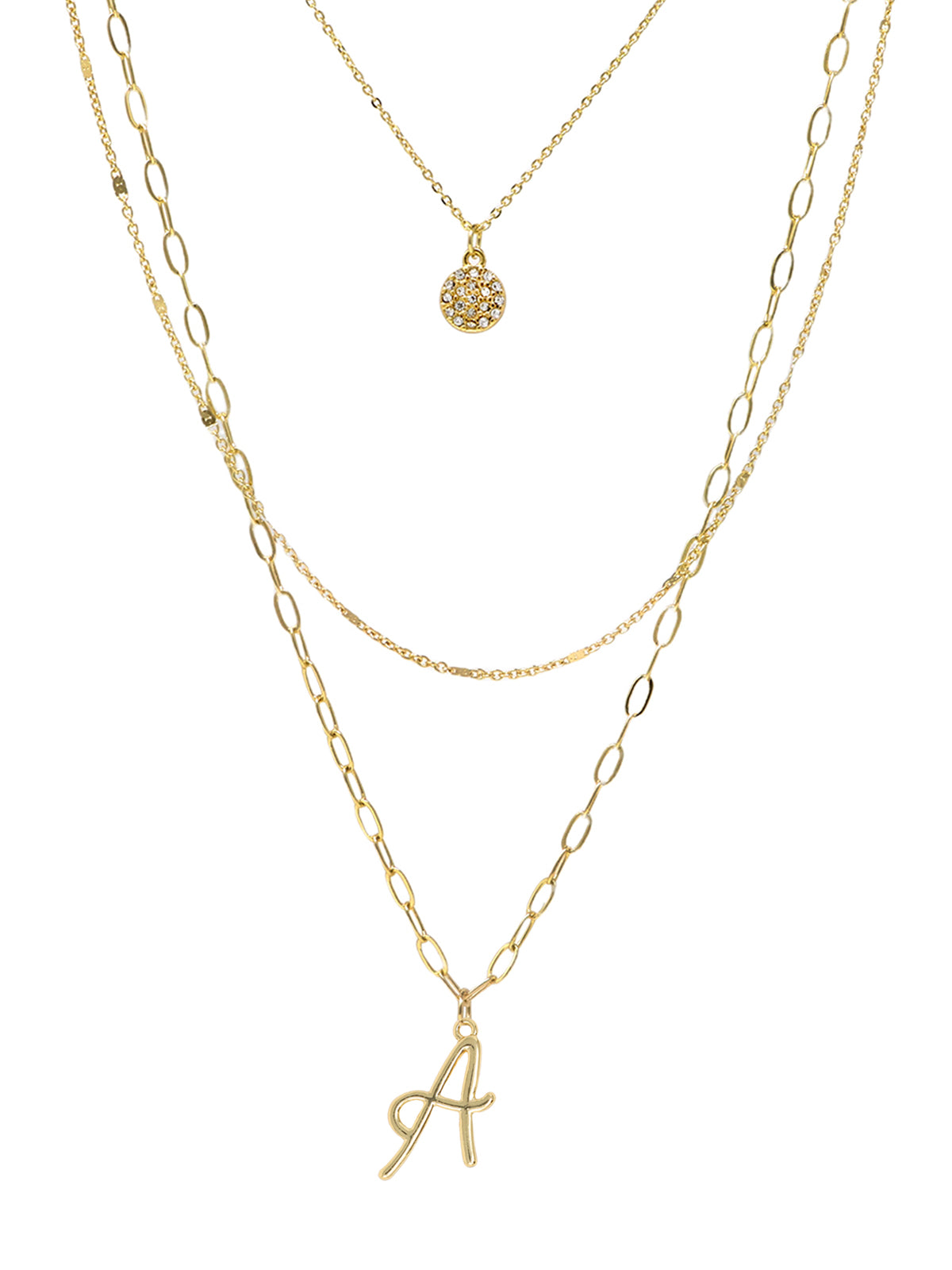 A three-layered gold necklace featuring a script initial charm and a small circle charm paved with stones.