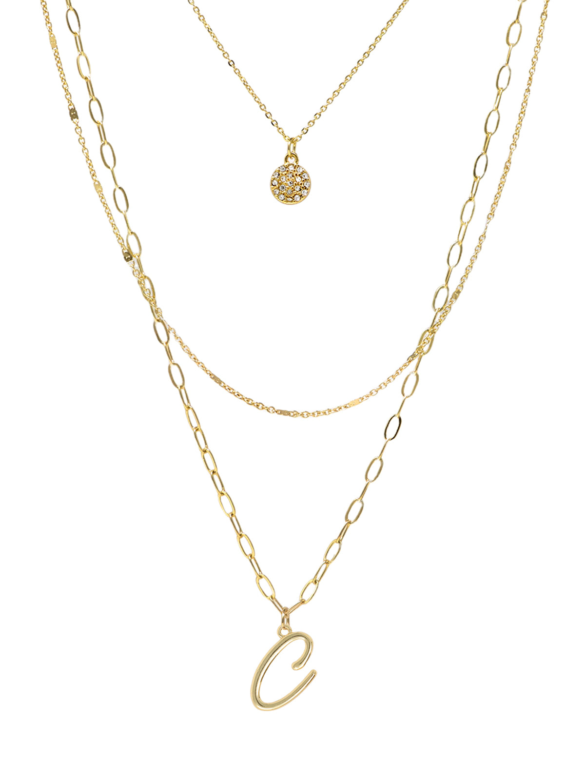A three-layered gold necklace featuring a script initial charm and a small circle charm paved with stones.