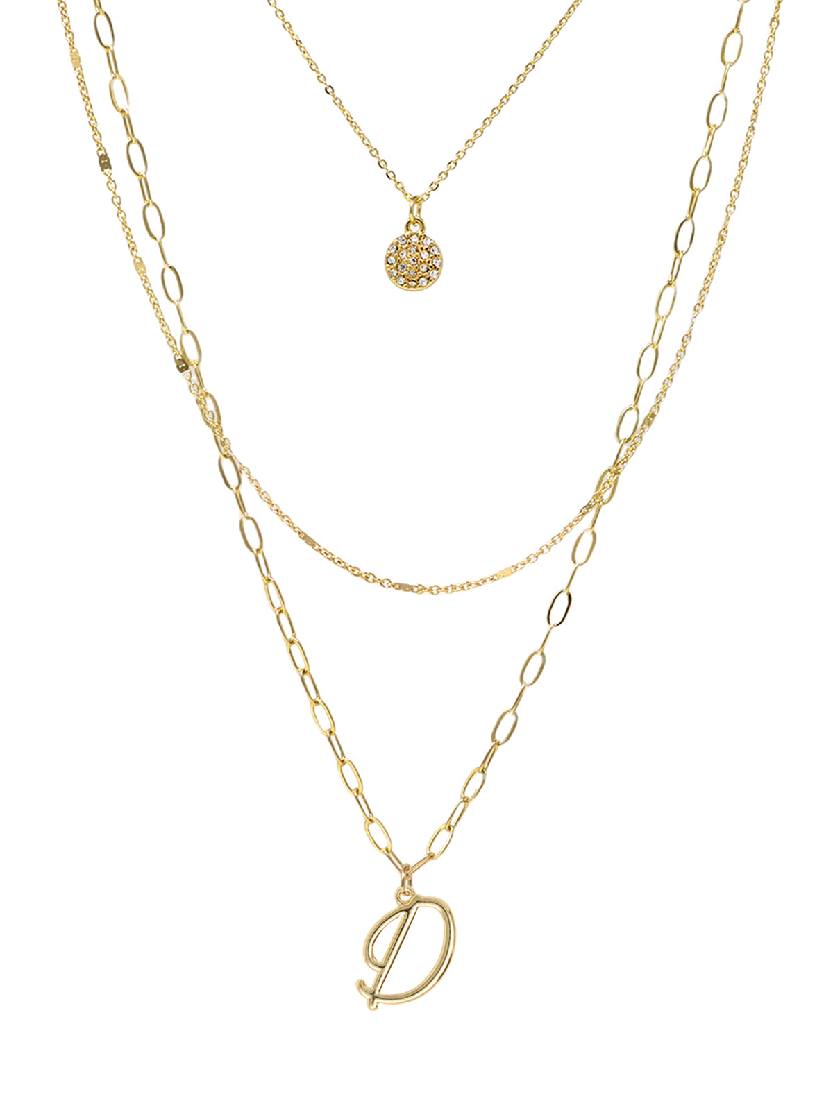 A three-layered gold necklace featuring a script initial charm and a small circle charm paved with stones.