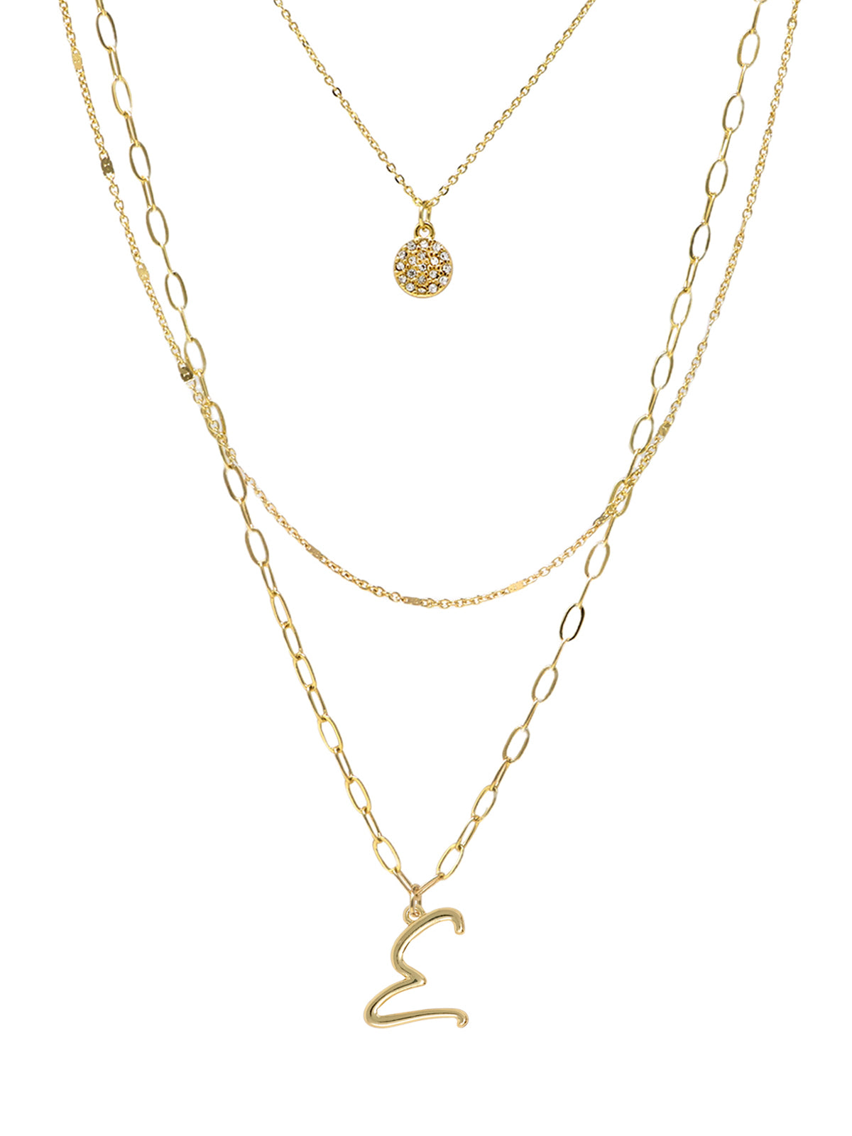 A three-layered gold necklace featuring a script initial charm and a small circle charm paved with stones.