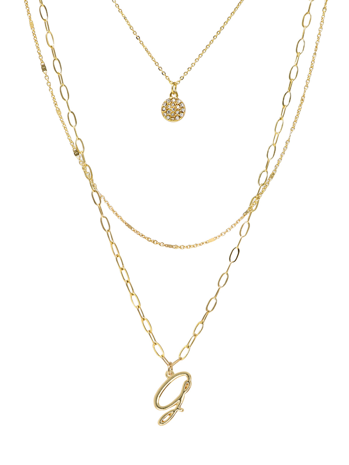 A three-layered gold necklace featuring a script initial charm and a small circle charm paved with stones.