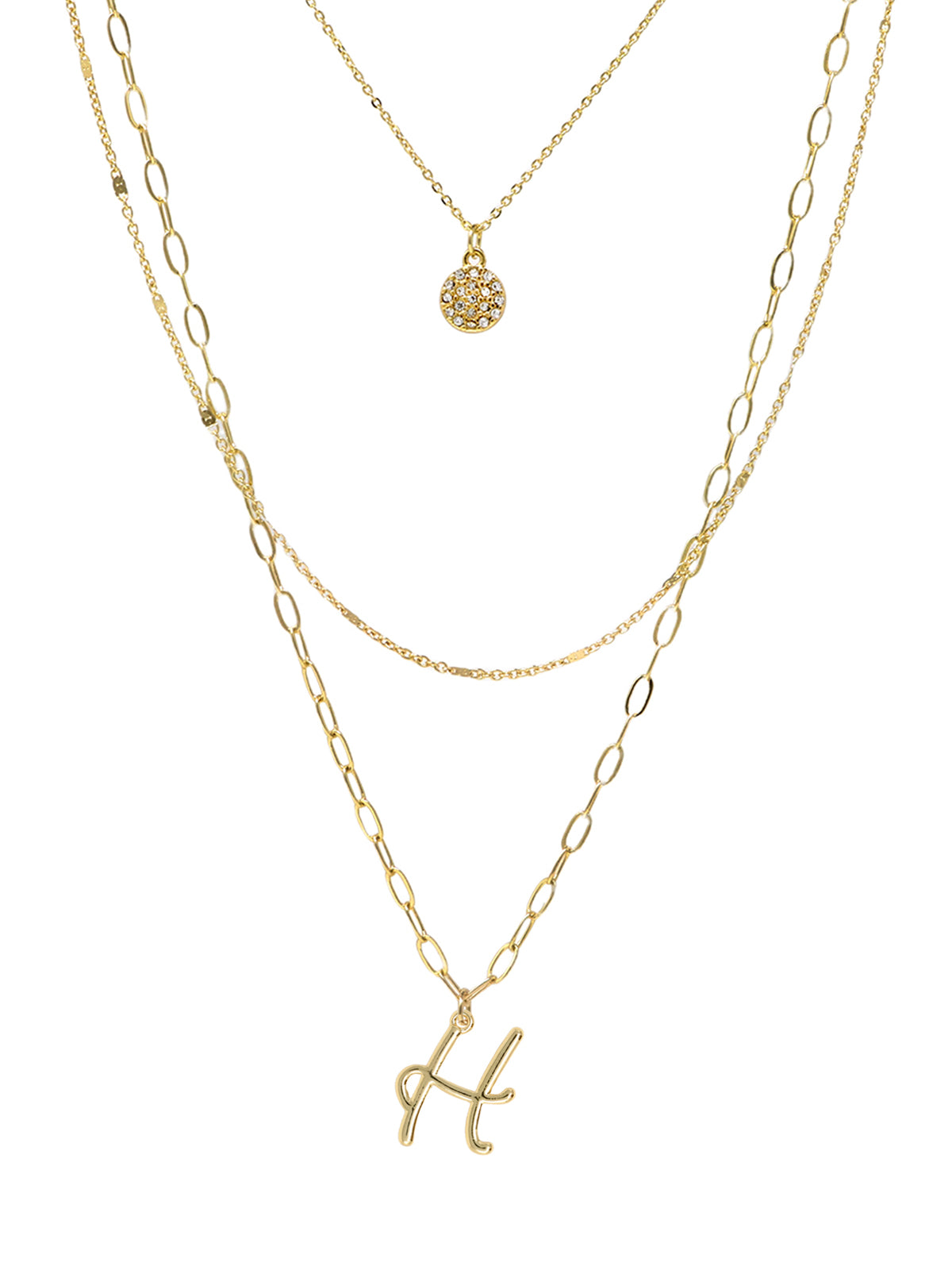 A three-layered gold necklace featuring a script initial charm and a small circle charm paved with stones.