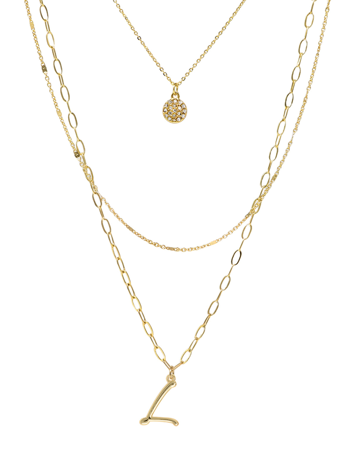 A three-layered gold necklace featuring a script initial charm and a small circle charm paved with stones.