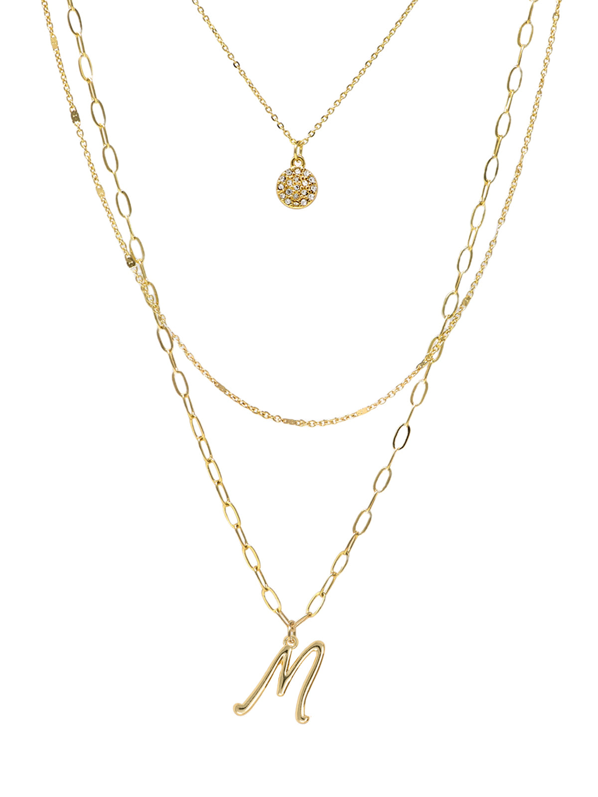 A three-layered gold necklace featuring a script initial charm and a small circle charm paved with stones.