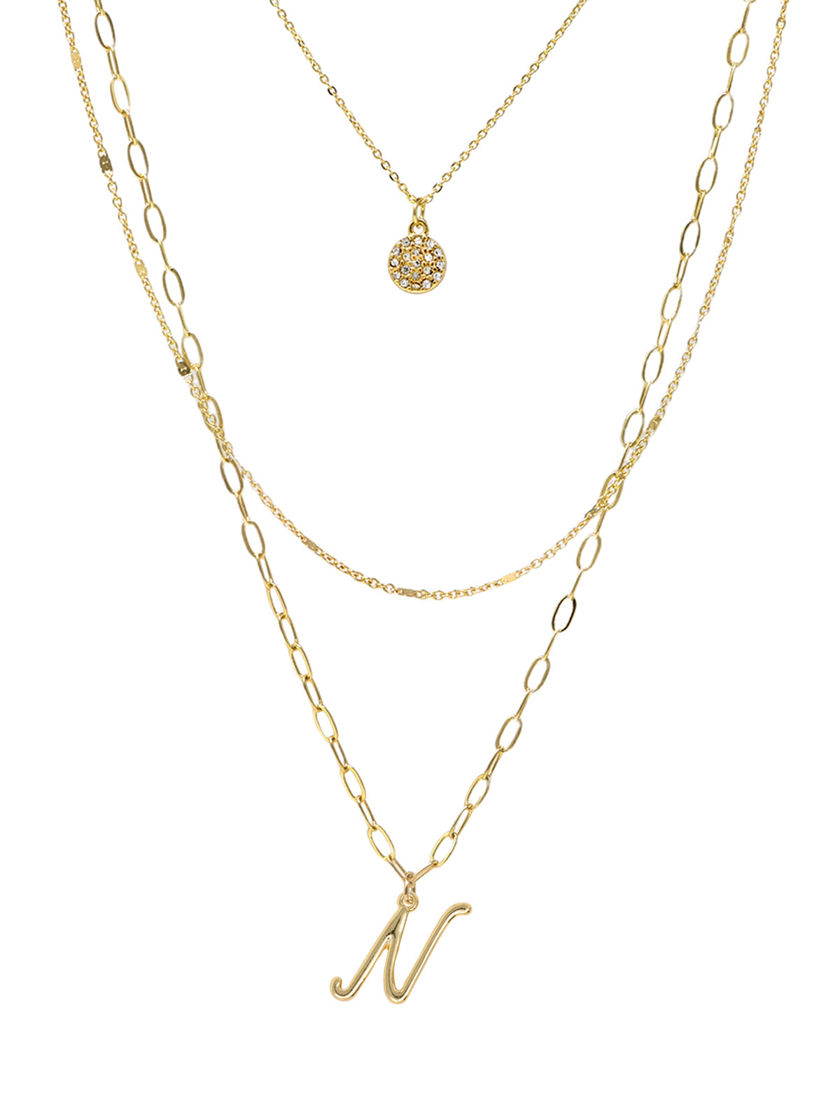 A three-layered gold necklace featuring a script initial charm and a small circle charm paved with stones.