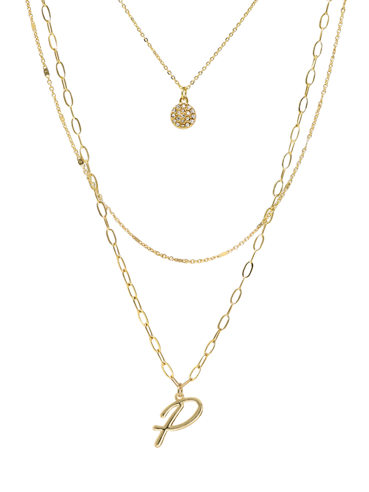 A three-layered gold necklace featuring a script initial charm and a small circle charm paved with stones.