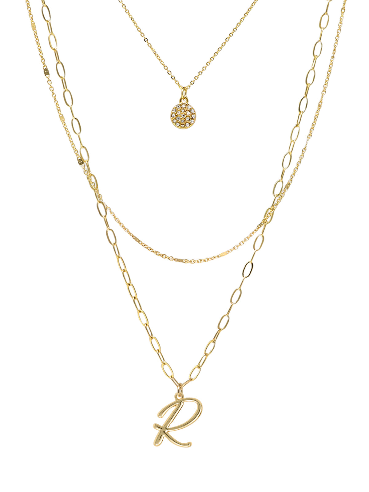A three-layered gold necklace featuring a script initial charm and a small circle charm paved with stones.