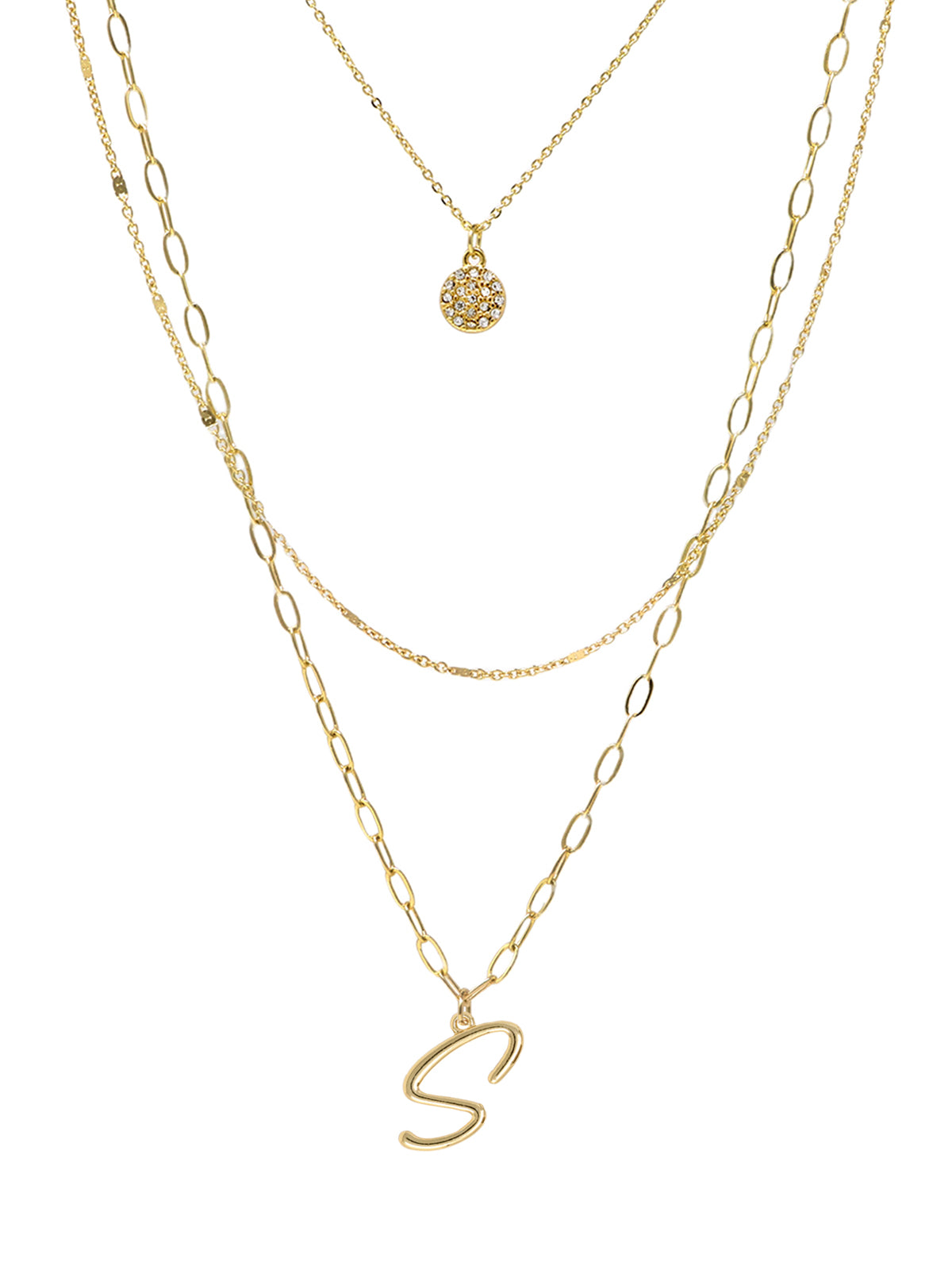 A three-layered gold necklace featuring a script initial charm and a small circle charm paved with stones.