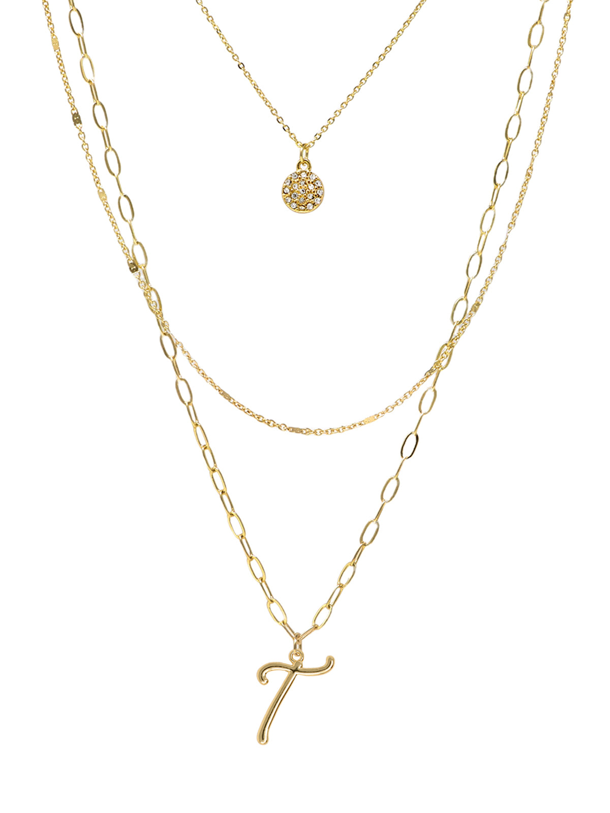 A three-layered gold necklace featuring a script initial charm and a small circle charm paved with stones.