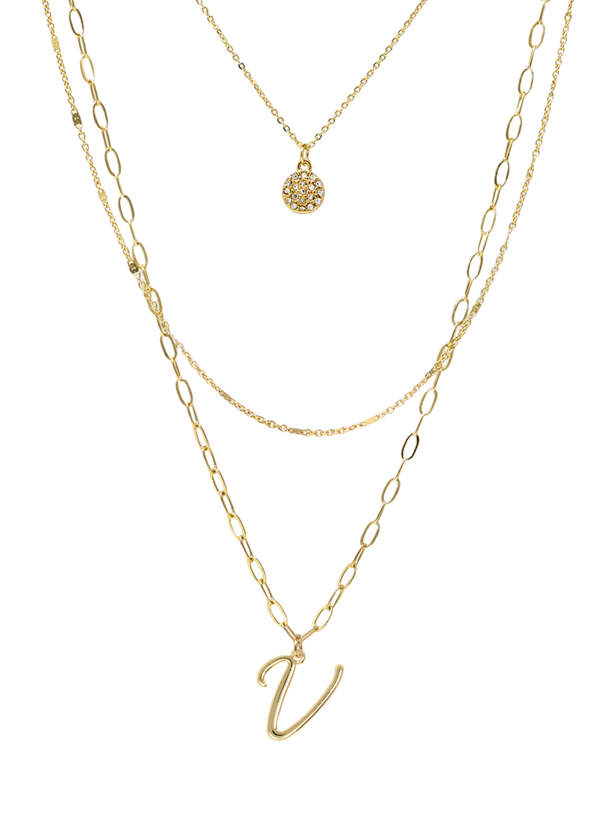 A three-layered gold necklace featuring a script initial charm and a small circle charm paved with stones.