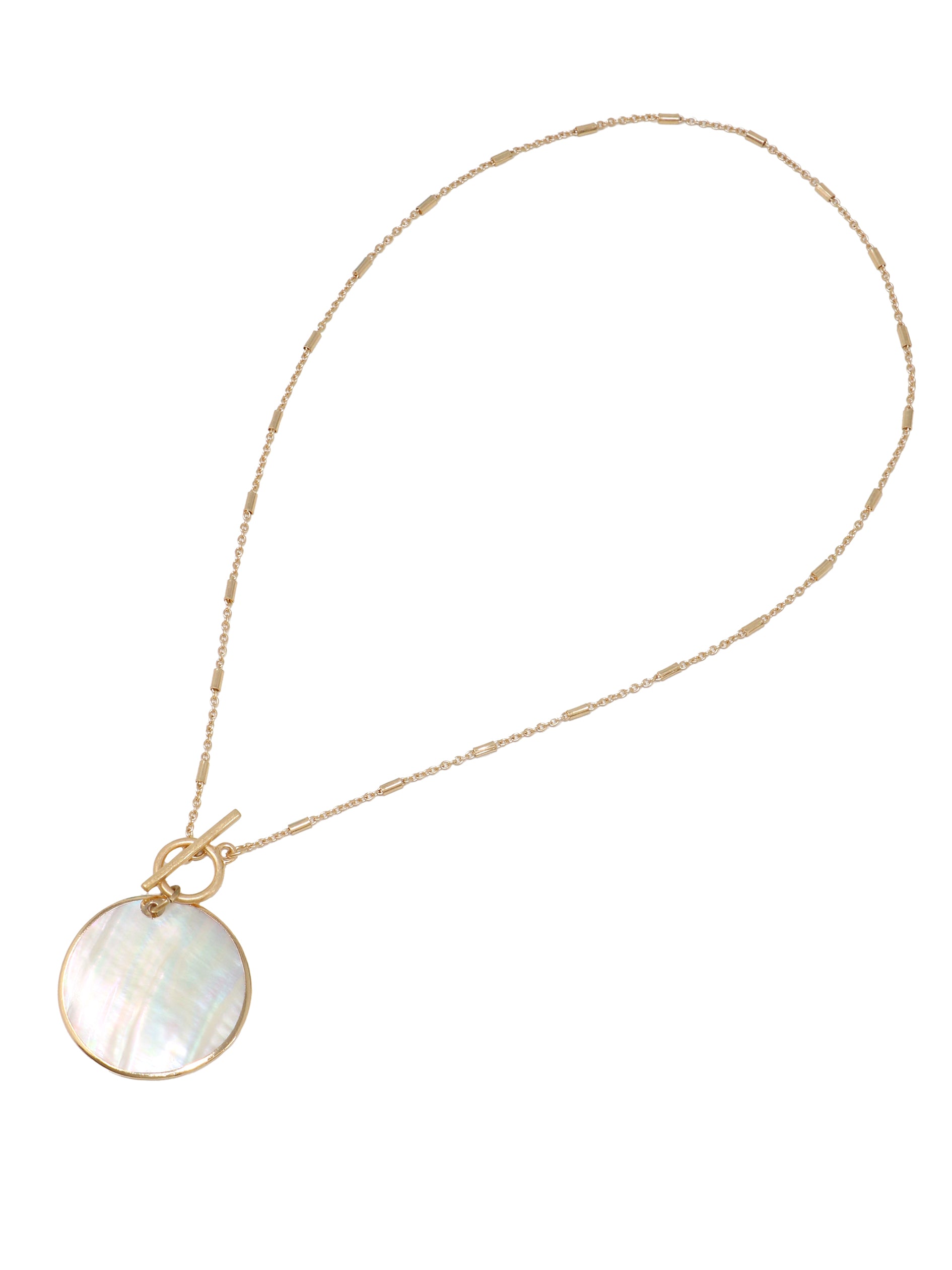 Gold chain necklace with a round Mother of Pearl shell pendant and toggle clasp closure.
