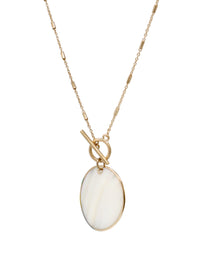 Gold chain necklace with a round Mother of Pearl shell pendant and toggle clasp closure.