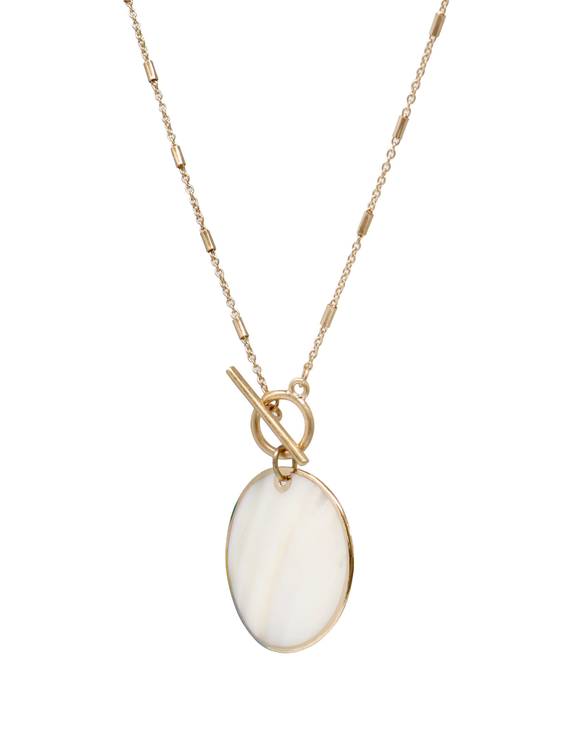 Gold chain necklace with a round Mother of Pearl shell pendant and toggle clasp closure.