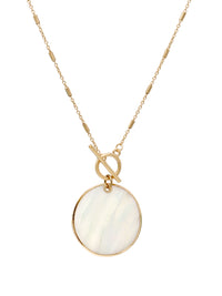 Gold chain necklace with a round Mother of Pearl shell pendant and toggle clasp closure.