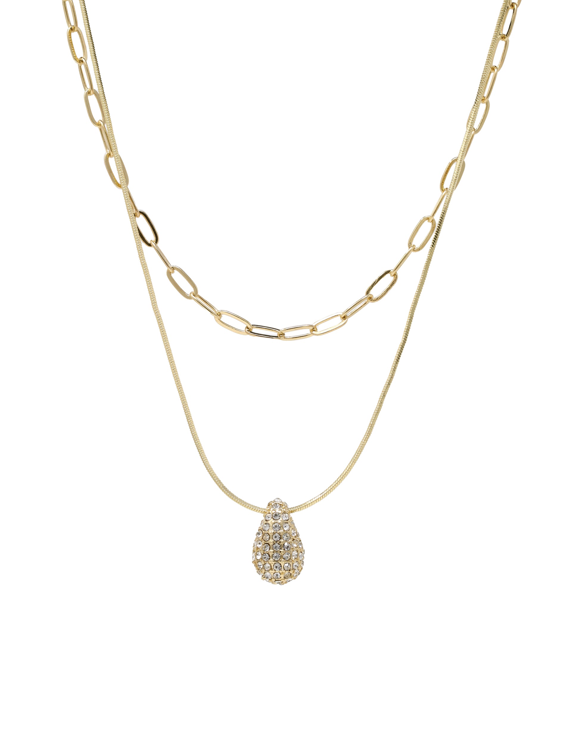 Gold double-layered necklace with a puffy crystal-paved teardrop charm, featuring a snake chain and a paperclip chain design.