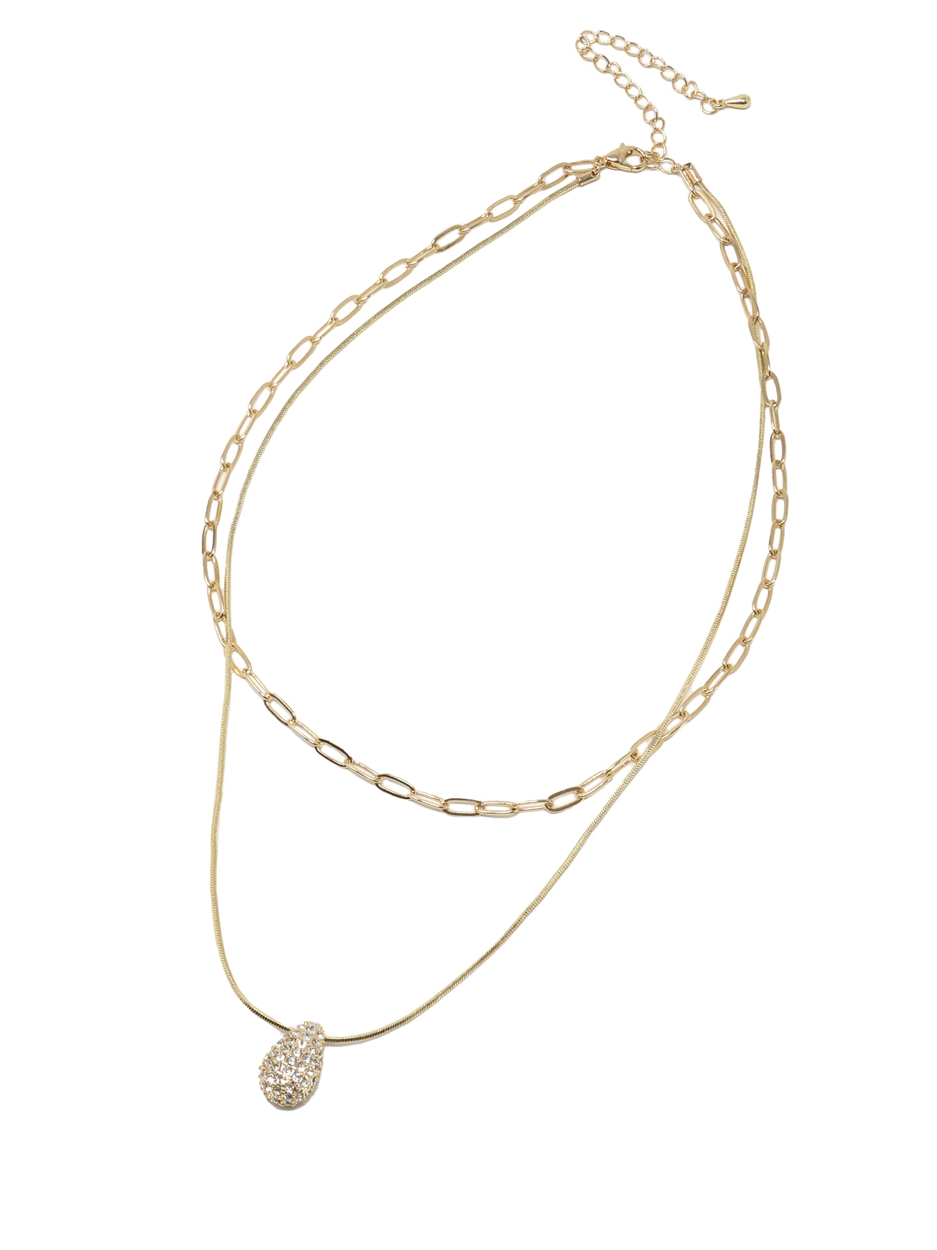 Gold double-layered necklace with a puffy crystal-paved teardrop charm, featuring a snake chain and a paperclip chain design.