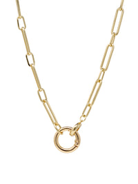 Gold paperclip chain necklace with elongated rectangular links and a circular carabiner lock pendant in the center.