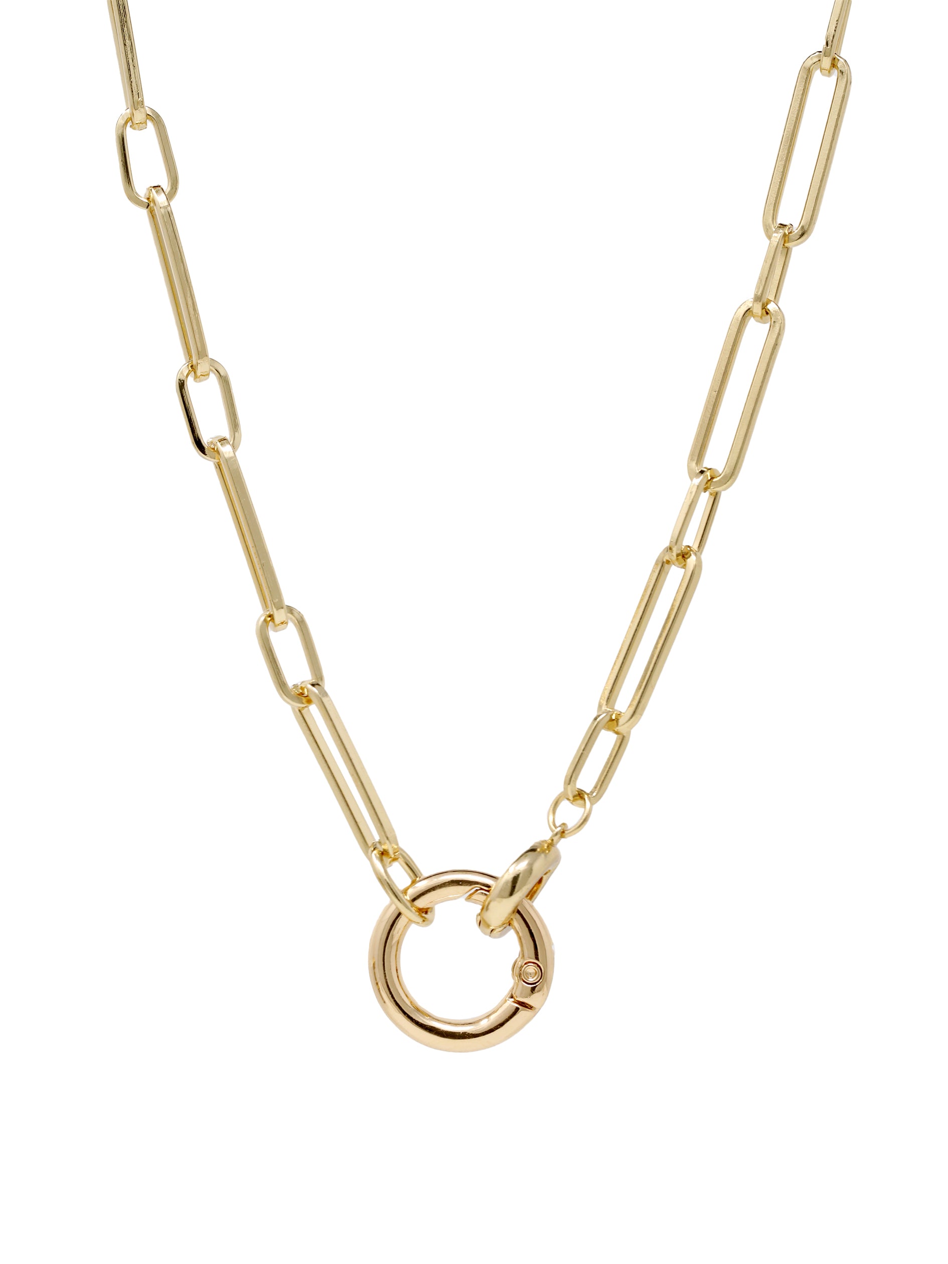 Gold paperclip chain necklace with elongated rectangular links and a circular carabiner lock pendant in the center.