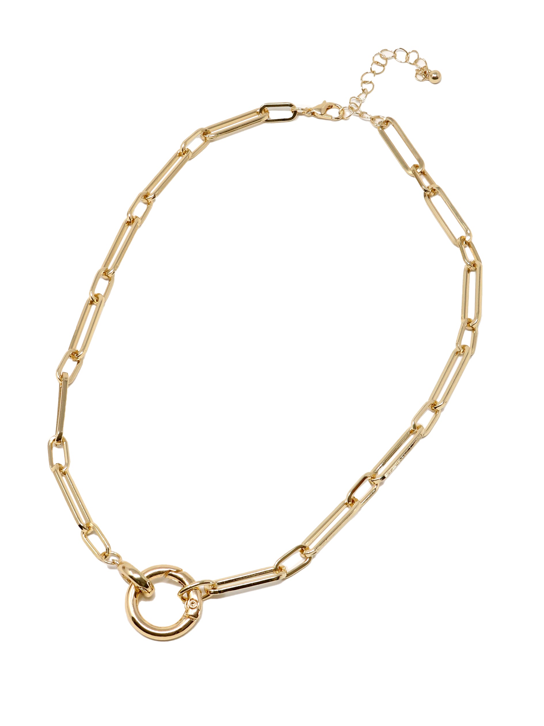 Gold paperclip chain necklace with elongated rectangular links and a circular carabiner lock pendant in the center.