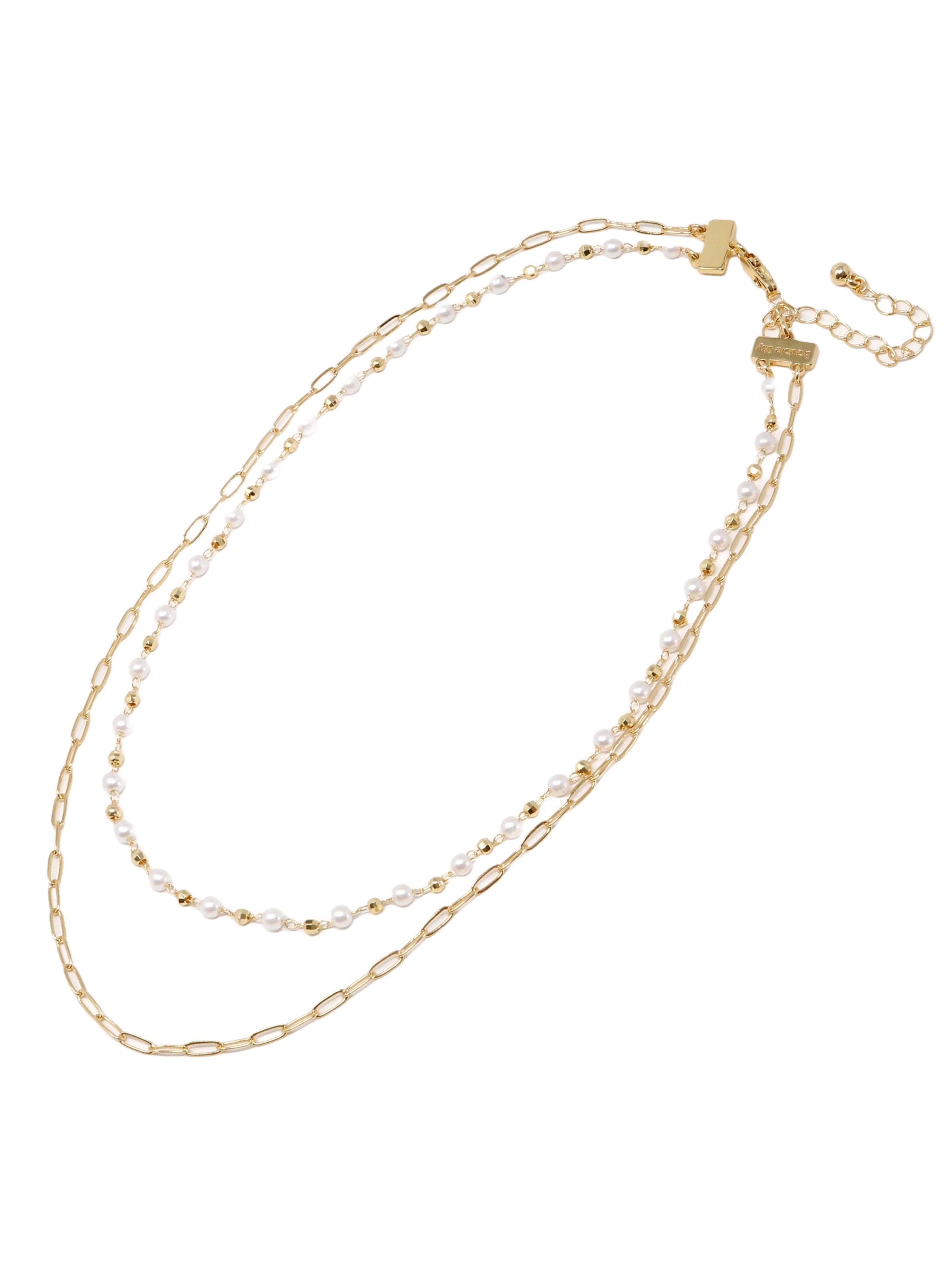 An elegant double-layered pearl necklace featuring a sophisticated paperclip chain in a radiant gold finish, combining classic pearls with modern design for a timeless and stylish accessory.