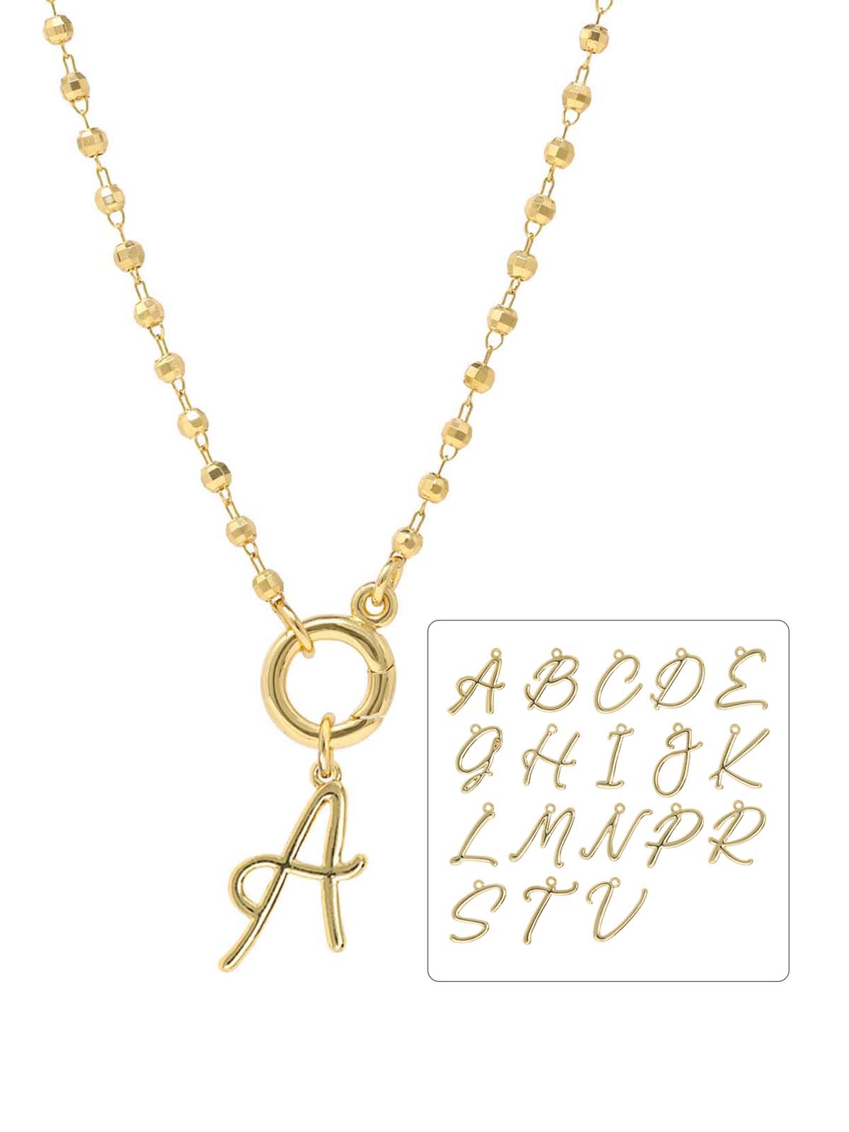 A gold carabiner necklace featuring a delicate script initial letter charm dangling .