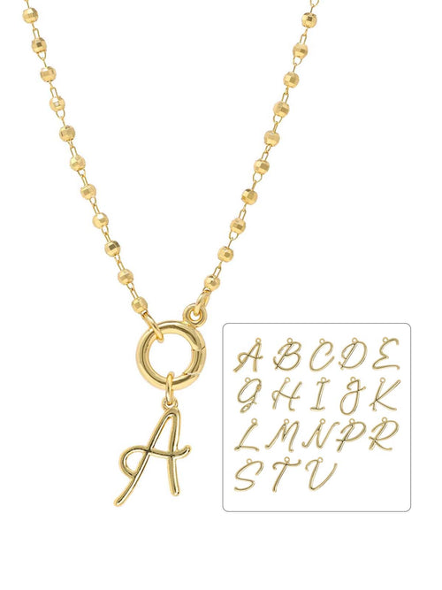 A gold carabiner necklace featuring a delicate script initial letter charm dangling .