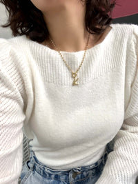 A gold carabiner necklace featuring a delicate script initial letter charm dangling .