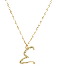 Script initial letter E charm necklace dangled in a gold-filled paperclip chain.