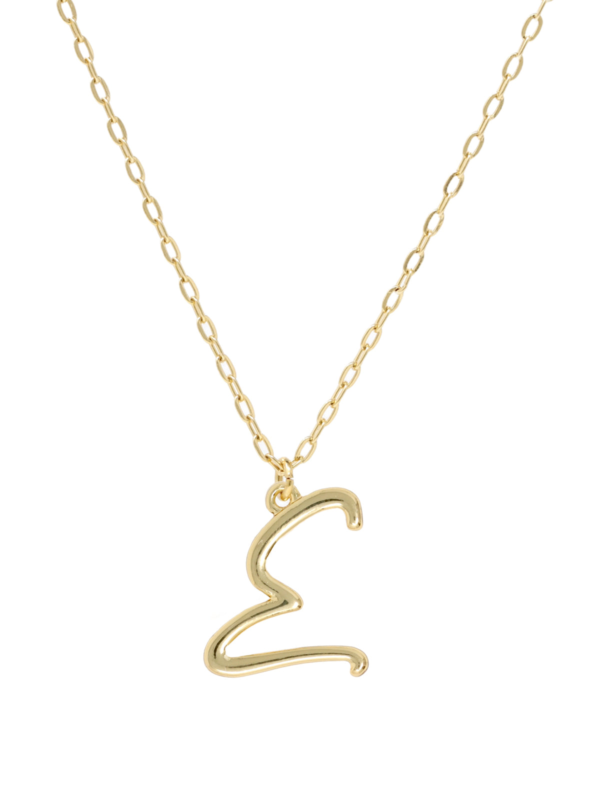 Script initial letter E charm necklace dangled in a gold-filled paperclip chain.