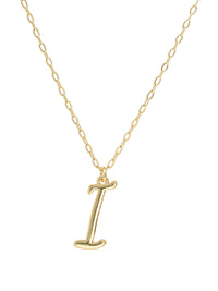 Script initial letter I charm necklace dangled in a gold-filled paperclip chain.