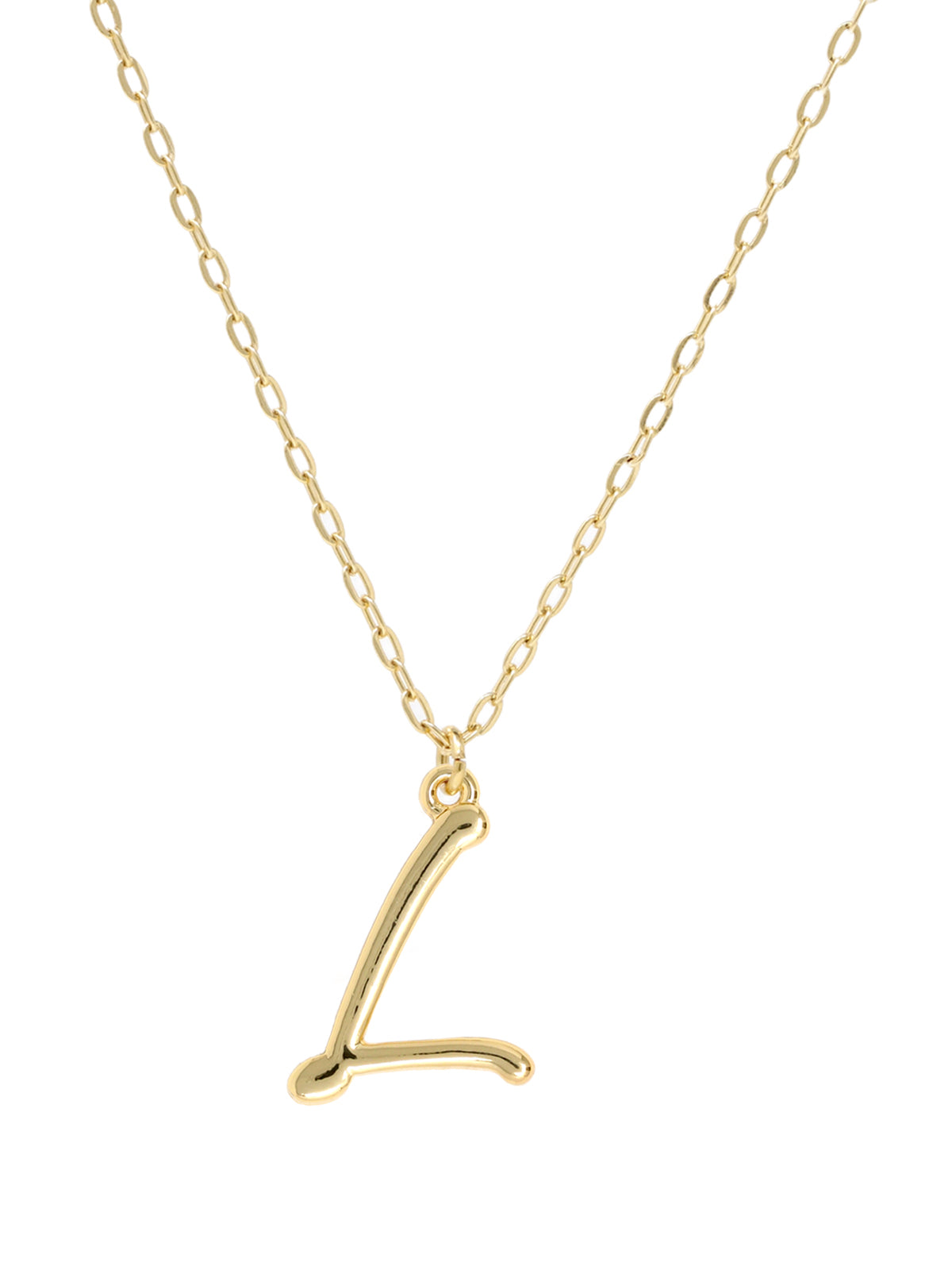 Script initial letter L charm necklace dangled in a gold-filled paperclip chain.