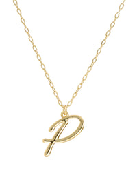 Script initial letter P charm necklace dangled in a gold-filled paperclip chain.