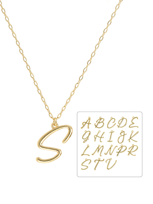 Script initial letter charm necklace dangled in a gold-filled paperclip chain.