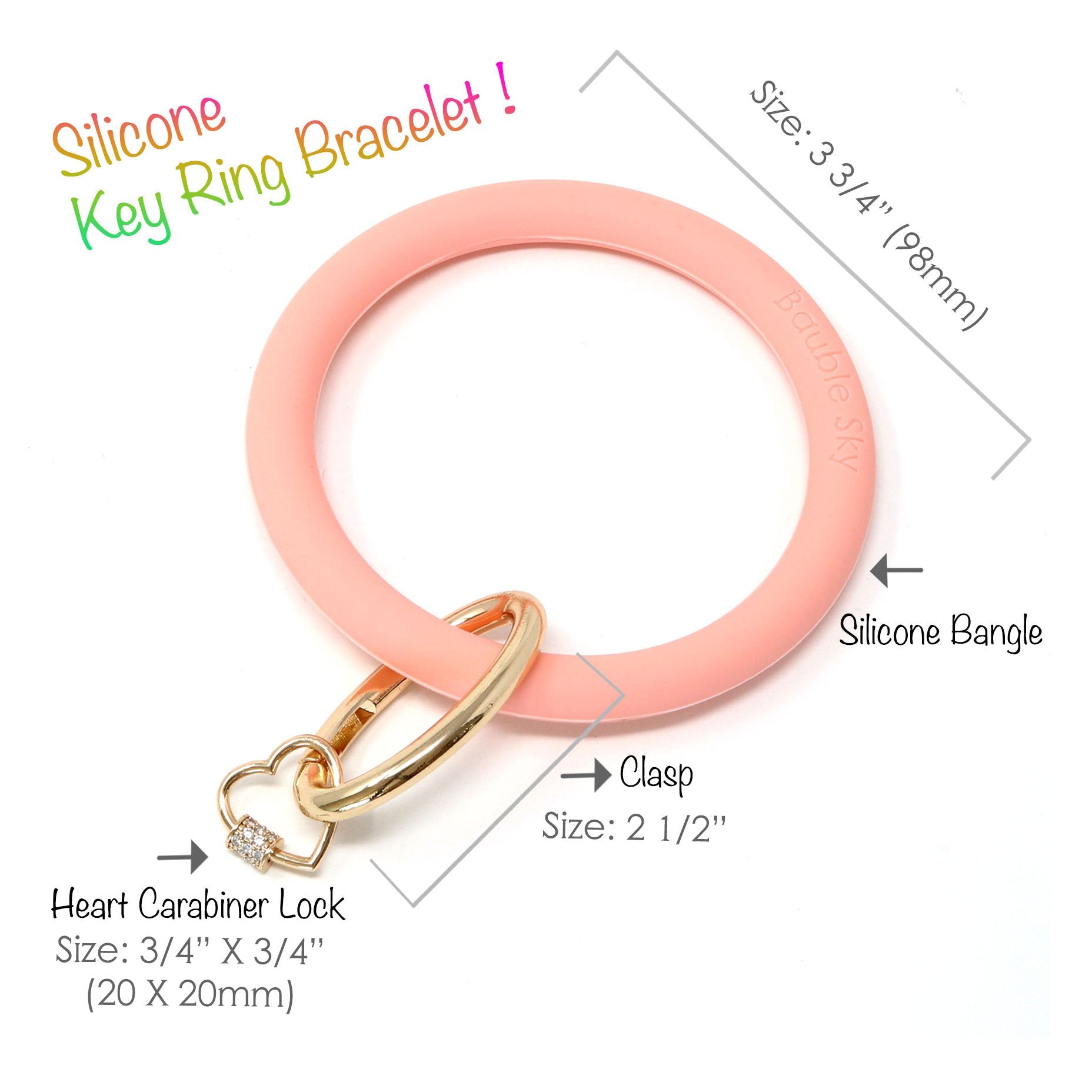 Silicone Key Ring Bracelet with Heart Carabiner Lock - Bauble Sky