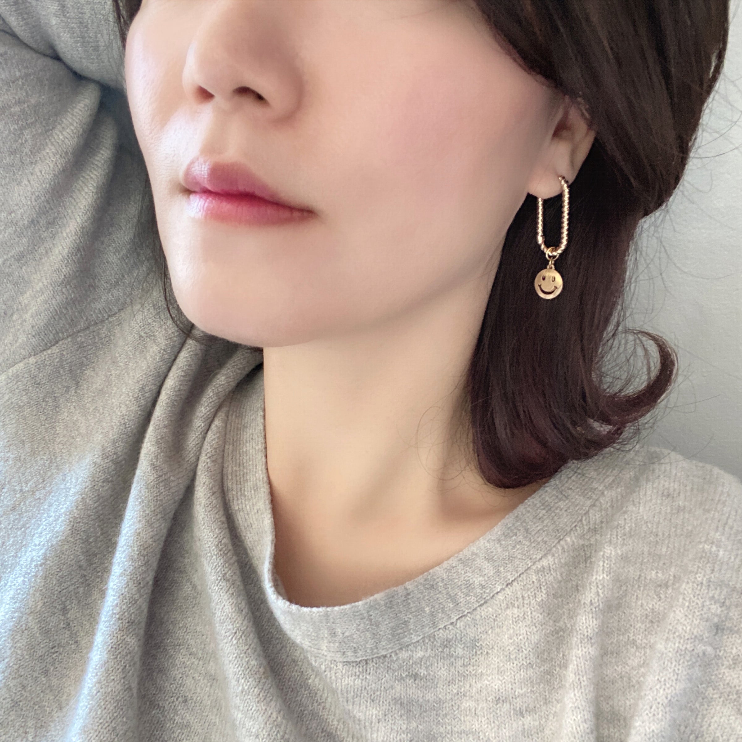 Oval Huggie Earring with Smiley Face