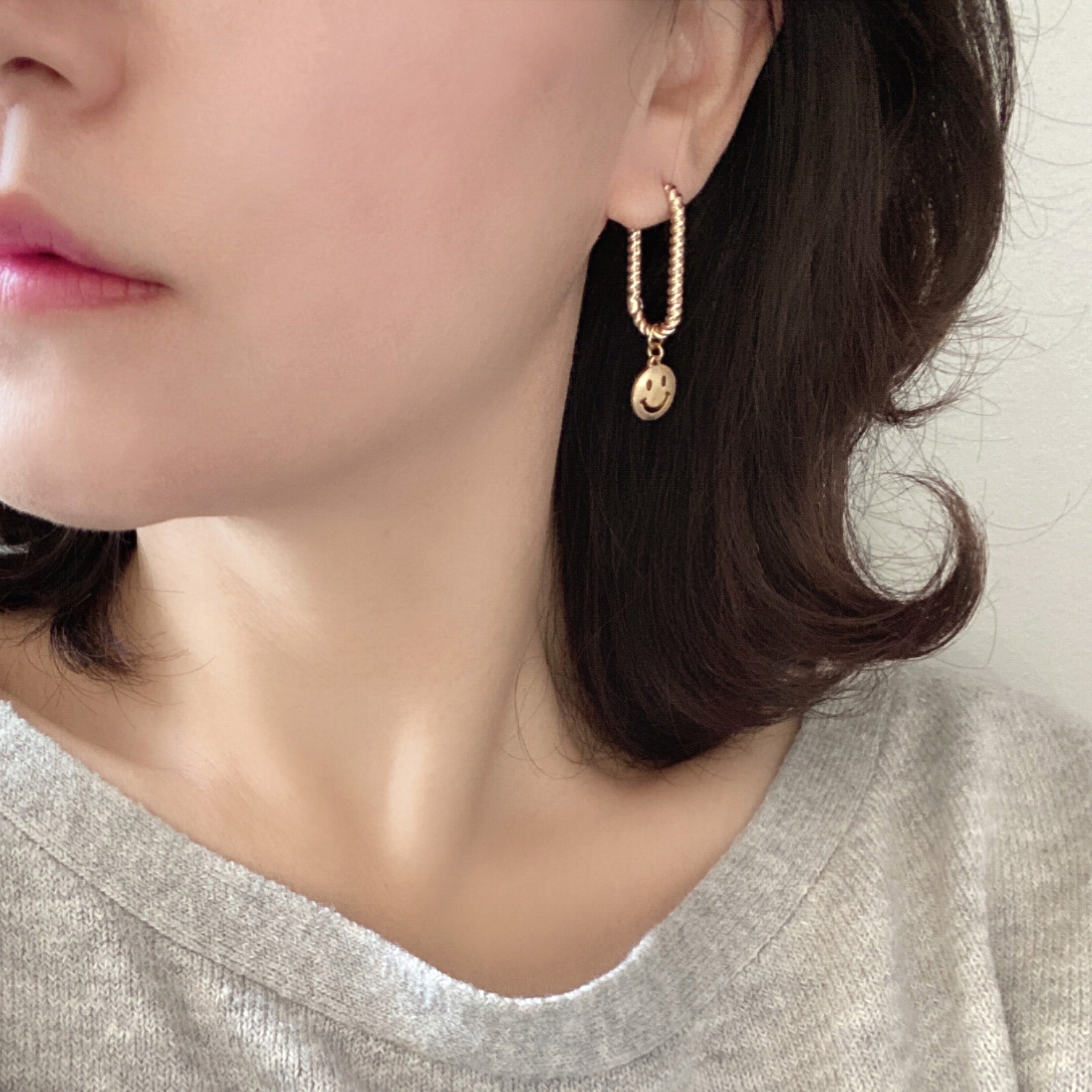 Oval Huggie Earring with Smiley Face