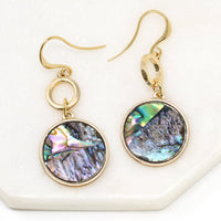 Gold-tone drop earrings with round abalone shell inlays and circular link accents.