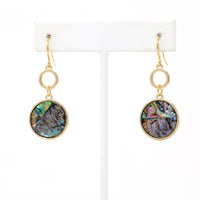 Gold-tone drop earrings with round abalone shell inlays and circular link accents.