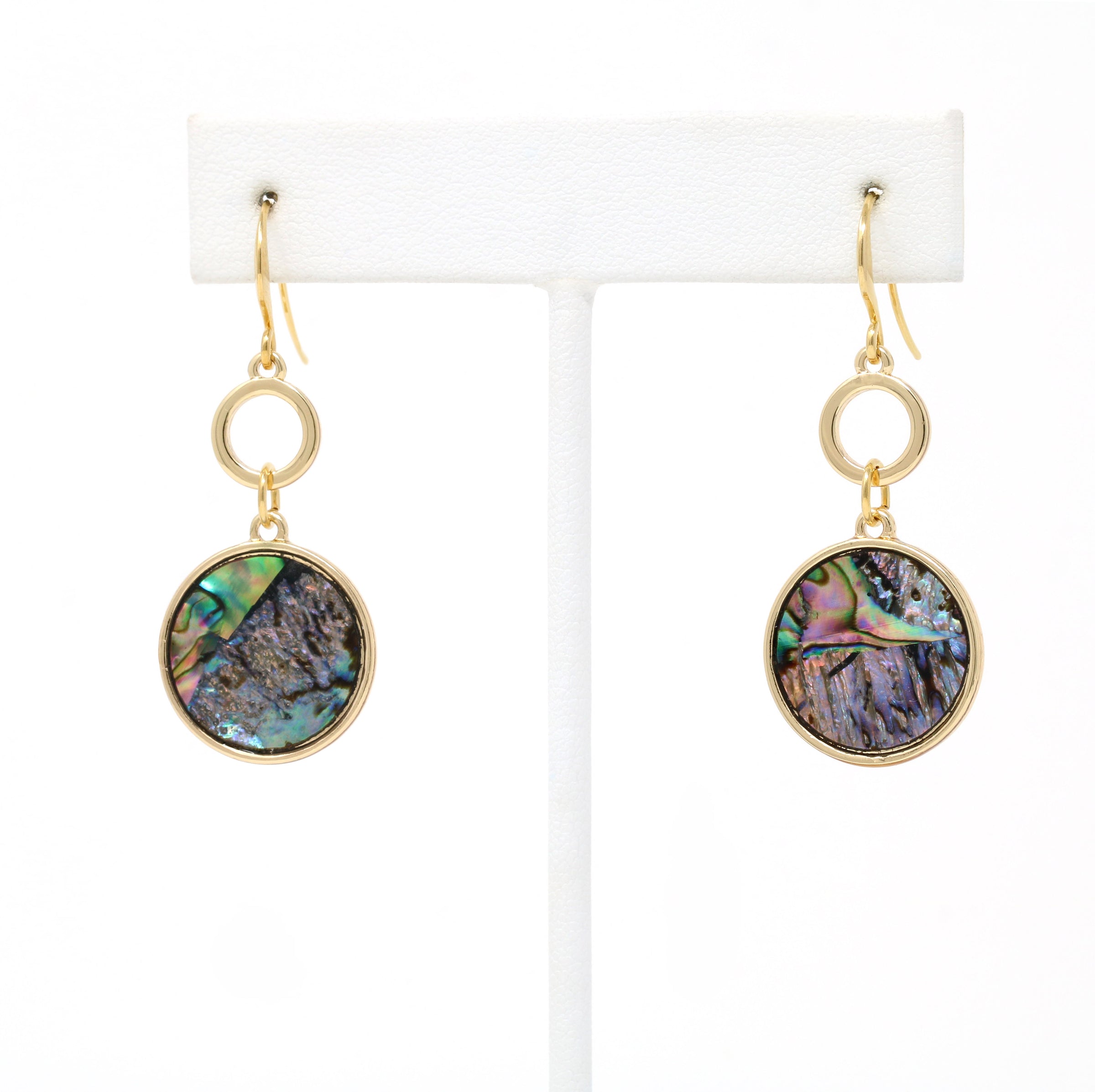 Gold-tone drop earrings with round abalone shell inlays and circular link accents.