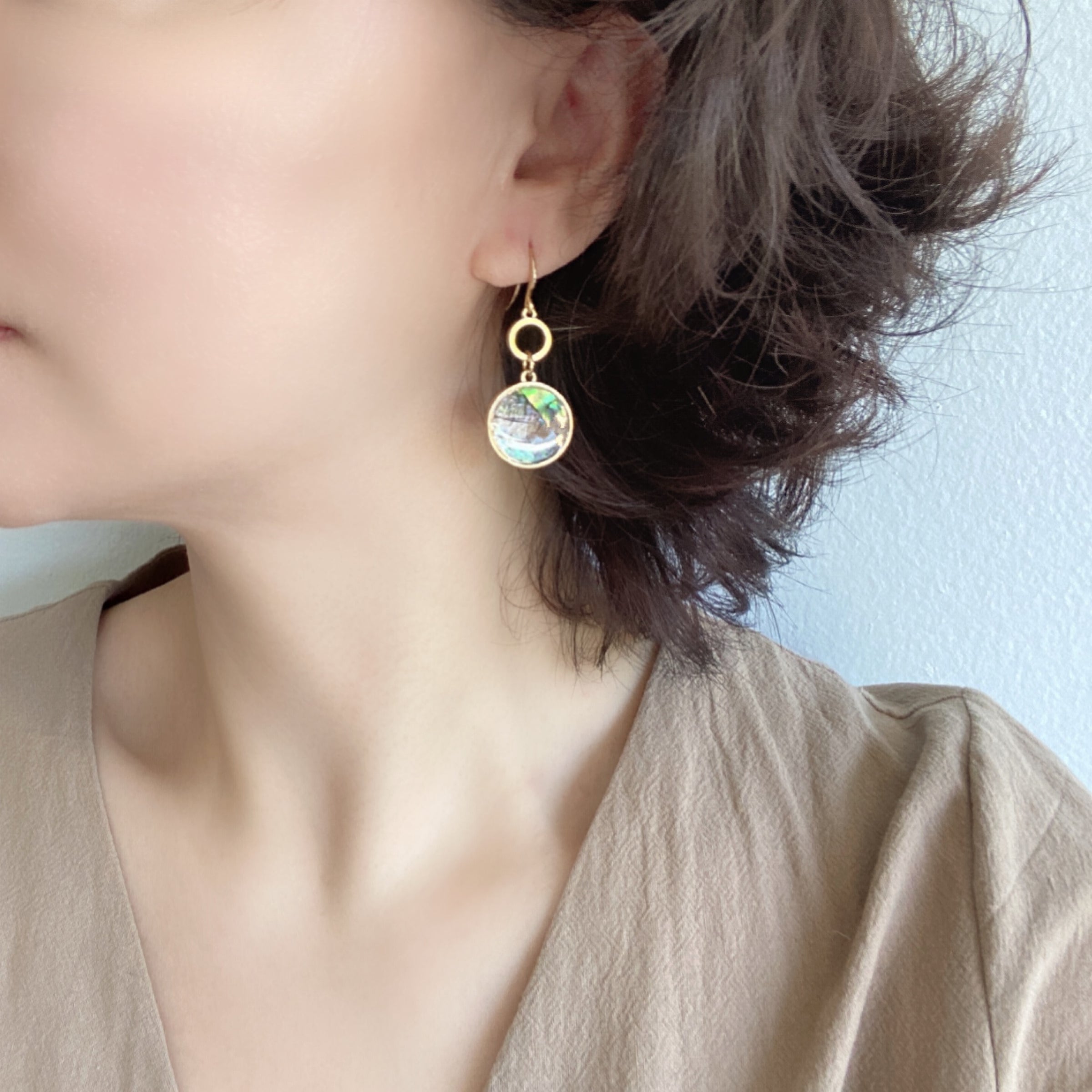 Modern Circle Abalone Drop Earrings