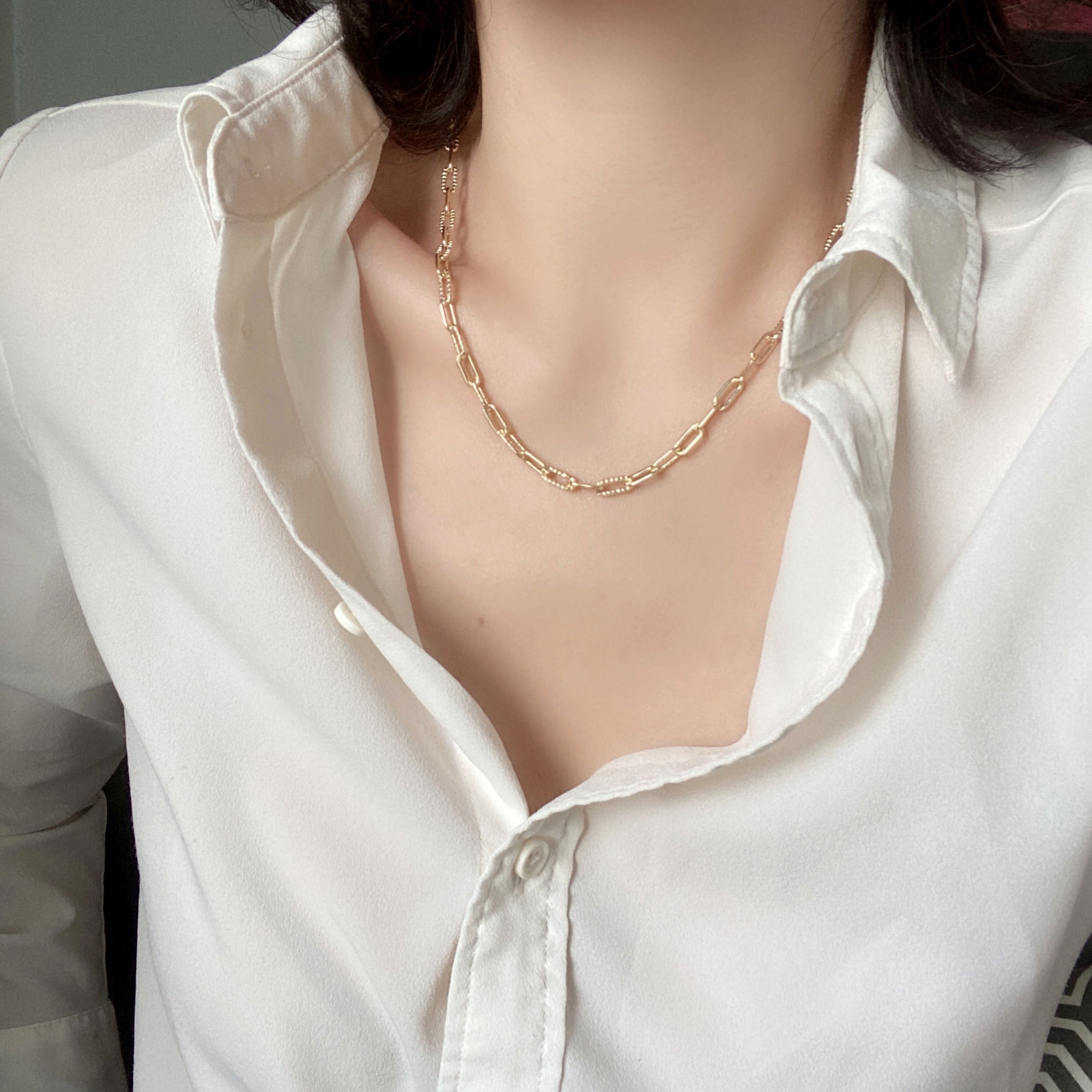 Gold Filled Textured Paperclip Chain Necklace