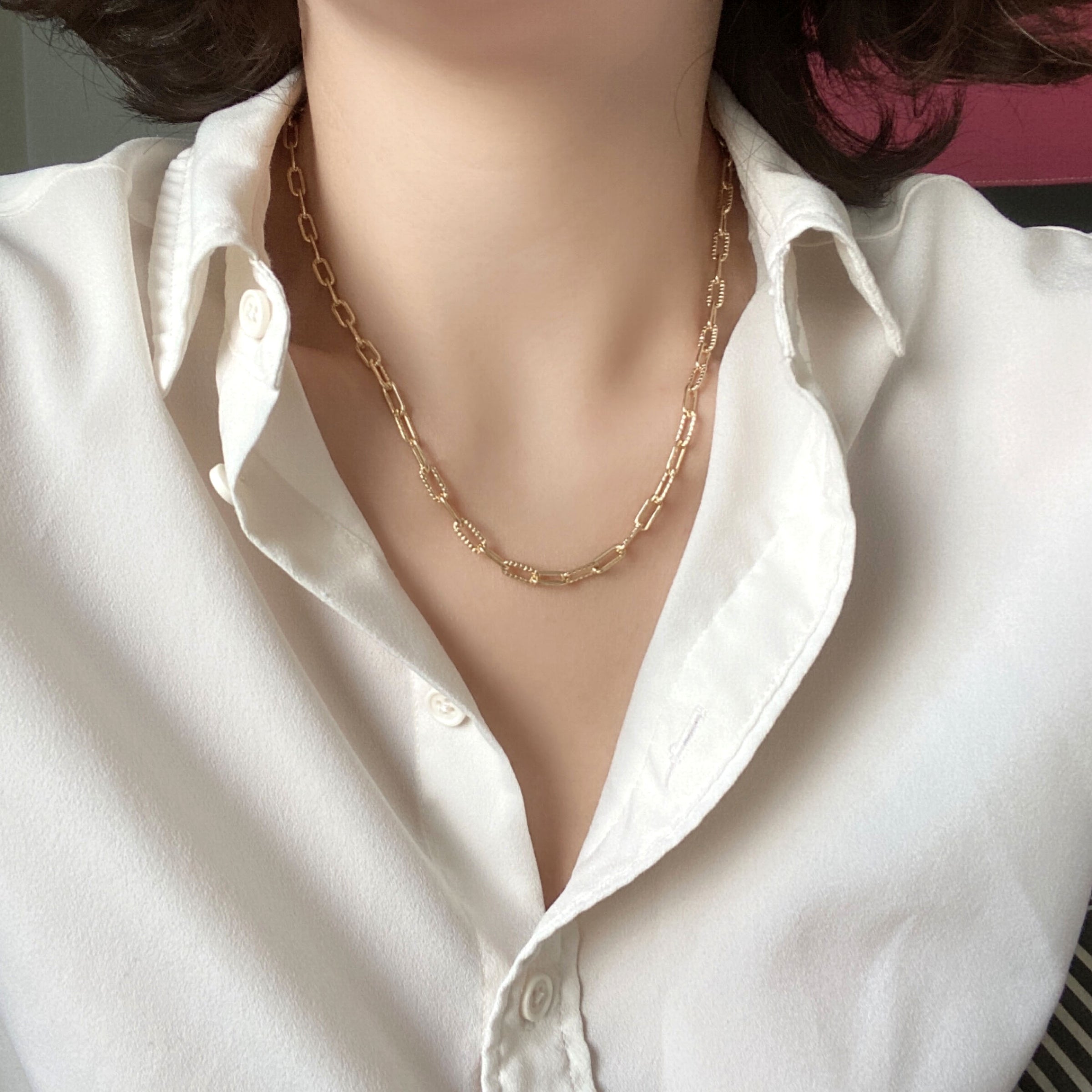 Gold Filled Textured Paperclip Chain Necklace