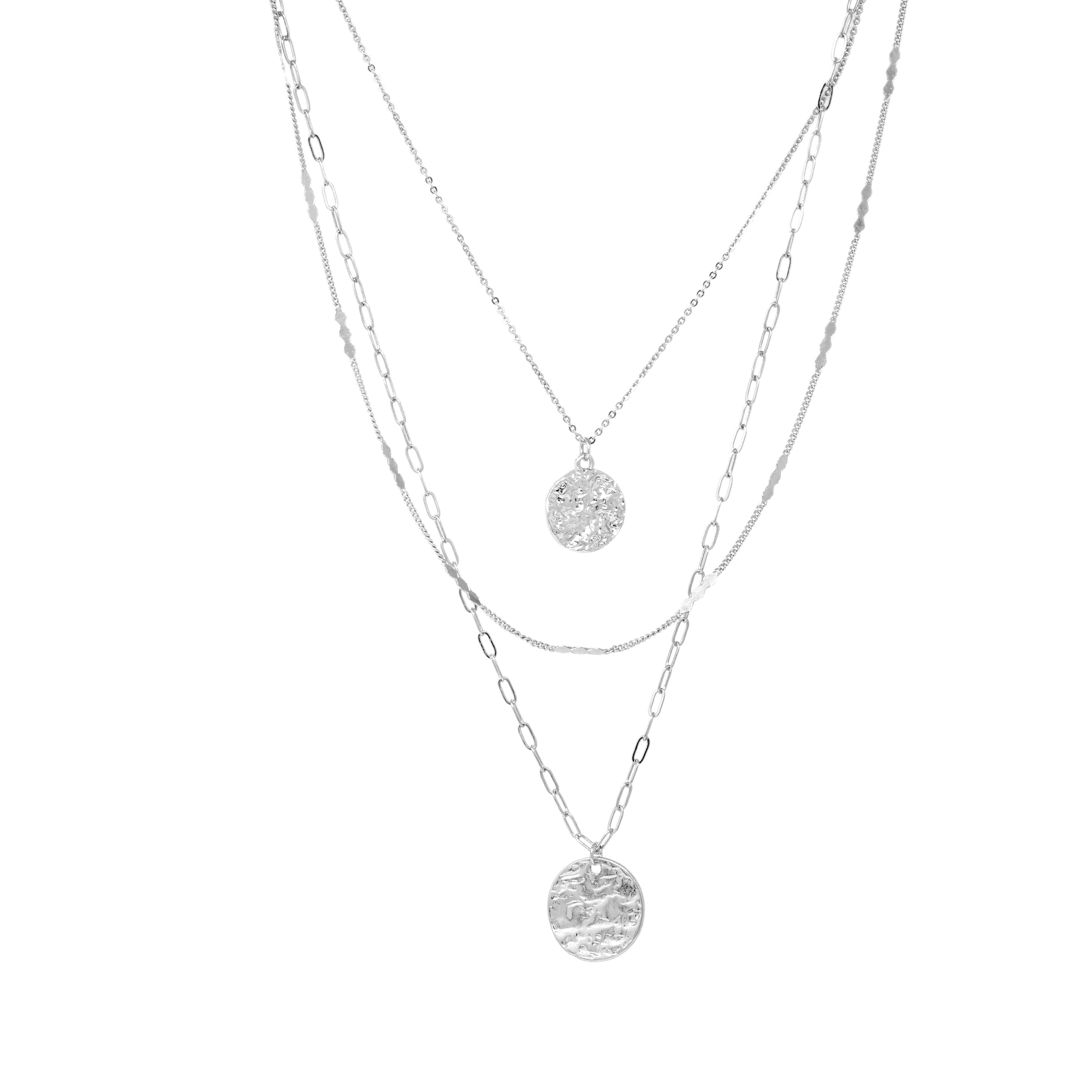 This simple yet stylish necklace in silver consists of three layers of metallic chains, adorned with dangling charms. The chains include a fine cable chain, a textured chain, and a paperclip chain, giving the necklace a modern and versatile look.
