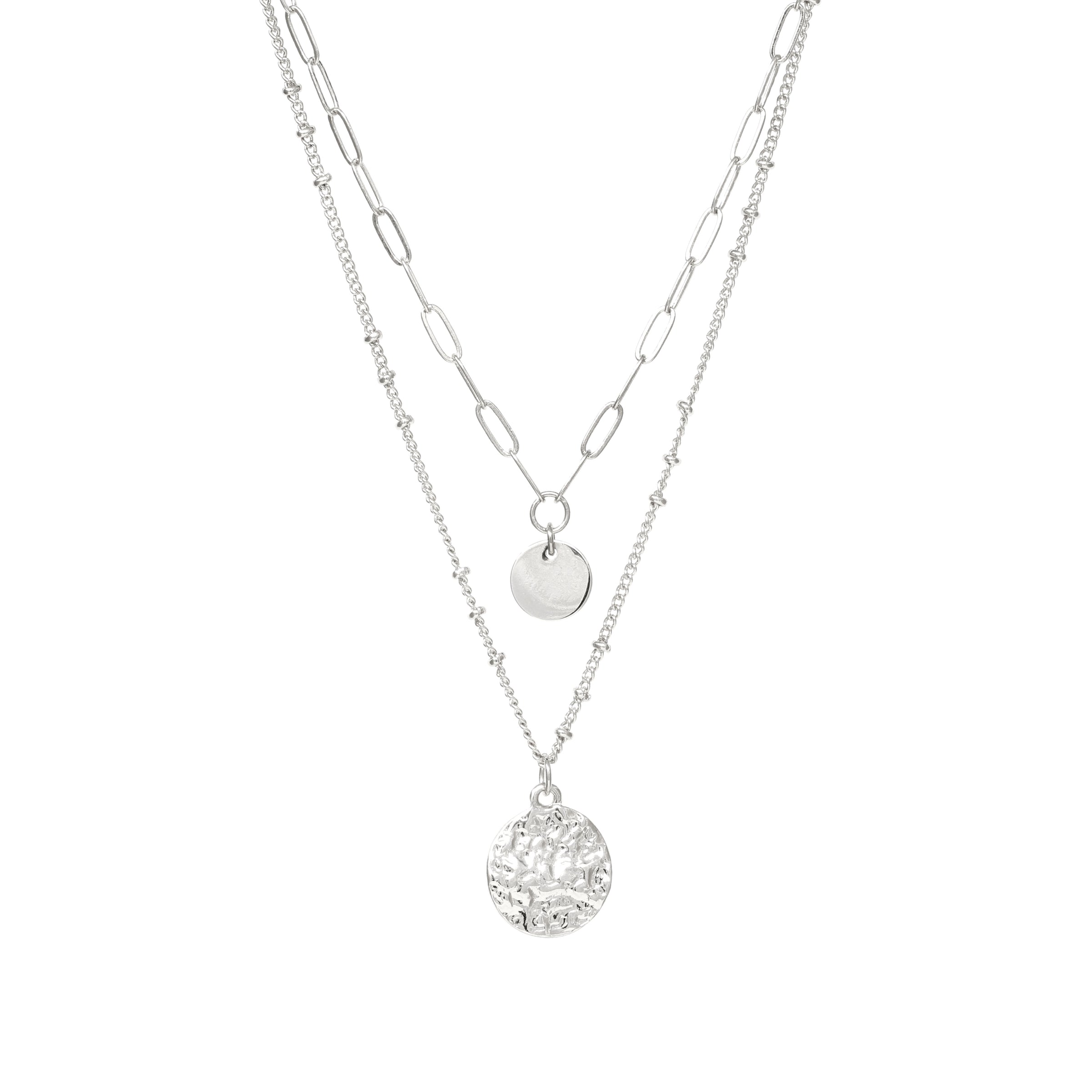 A two-layered paperclip chain necklace in silver dangled with two small charms.