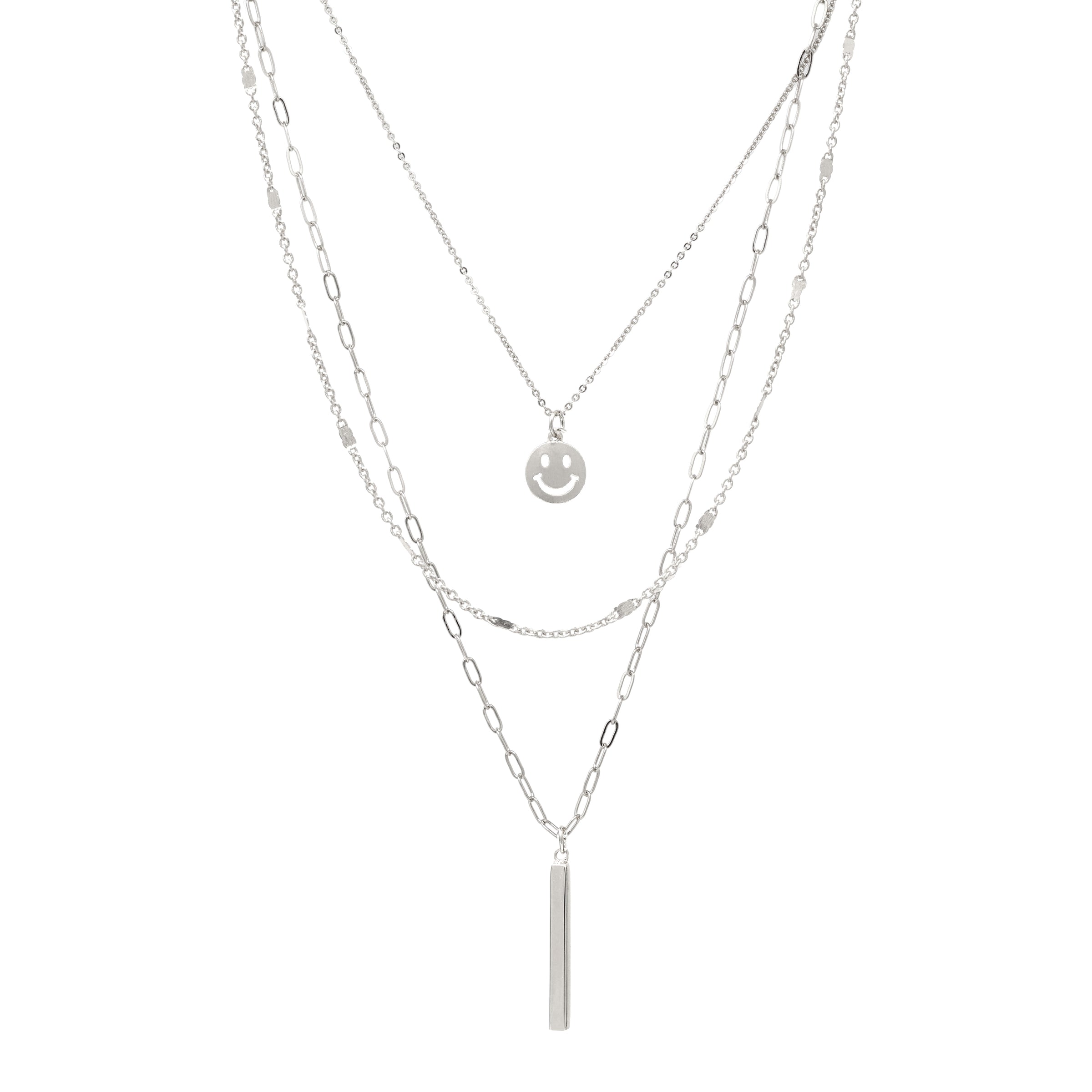 A set of triple layered necklace in silver with a small smiley face and a skinny bar charms.