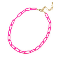 Featuring a stunning paperclip chain short necklace in a pop of vibrant neon pink color to your outfit.